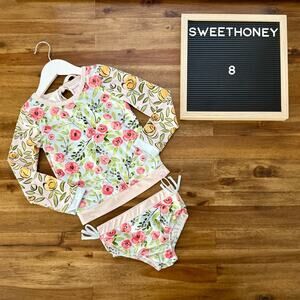 SweetHoney Spring Dawn Long Sleeve Rash Guard Swimsuit Set 8 Floral Green Pink